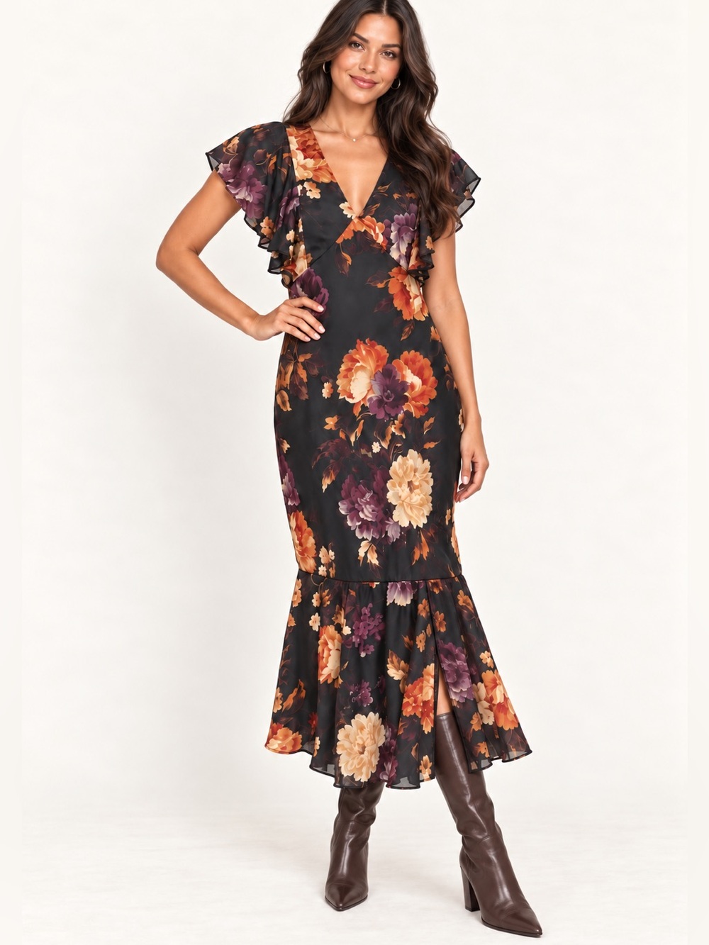 Petal + Pup Midi Satin Dress Women’s Medium Floral Ruffled Slip Side Slit B2